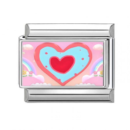 Picture of 1 Piece 304 Stainless Steel Stylish Italian Charm Links For DIY Bracelet Jewelry Making Silver Tone Multicolor Rectangle Heart 10mm x 9mm