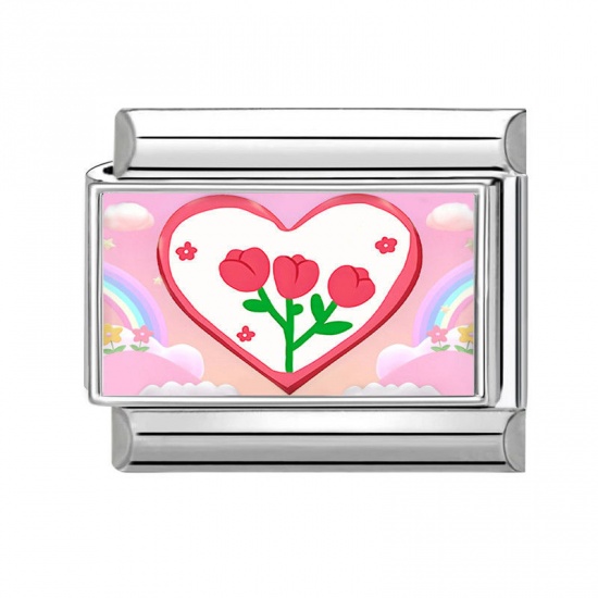 Immagine di 1 Piece 304 Stainless Steel Valentine's Day Italian Charm Links For DIY Bracelet Jewelry Making Silver Tone Multicolor Rectangle Heart 10mm x 9mm