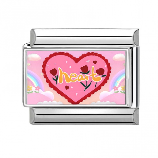 Immagine di 1 Piece 304 Stainless Steel Valentine's Day Italian Charm Links For DIY Bracelet Jewelry Making Silver Tone Multicolor Rectangle Heart Message " Heart " 10mm x 9mm