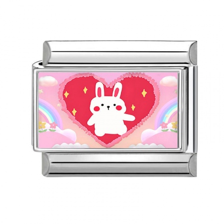 Picture of 1 Piece 304 Stainless Steel Stylish Italian Charm Links For DIY Bracelet Jewelry Making Silver Tone Multicolor Rectangle Rabbit 10mm x 9mm