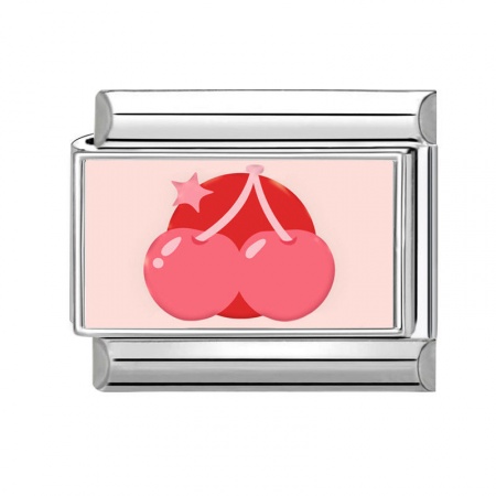 Picture of 1 Piece 304 Stainless Steel Stylish Italian Charm Links For DIY Bracelet Jewelry Making Silver Tone Red Rectangle Cherry Fruit 10mm x 9mm