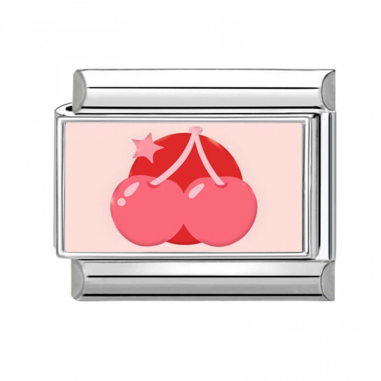 Immagine di 1 Piece 304 Stainless Steel Stylish Italian Charm Links For DIY Bracelet Jewelry Making Silver Tone Red Rectangle Cherry Fruit 10mm x 9mm