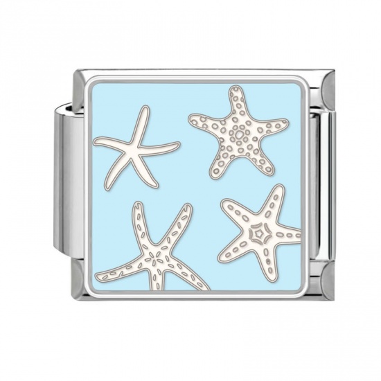 Immagine di 1 Piece 304 Stainless Steel Stylish Italian Charm Links For DIY Bracelet Jewelry Making Silver Tone Blue Rectangle Star Fish 10mm x 9mm