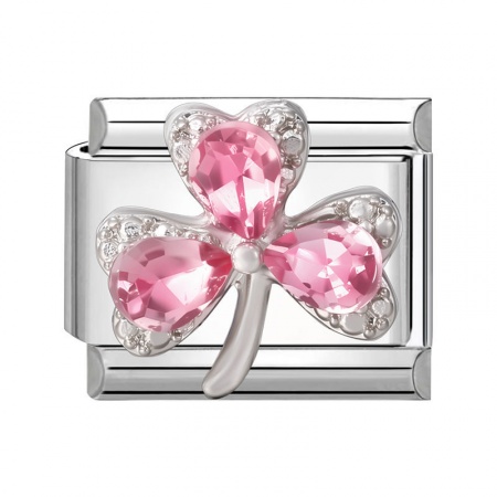Picture of 1 Piece 304 Stainless Steel Stylish Italian Charm Links For DIY Bracelet Jewelry Making Silver Tone Rectangle Leaf Clover Shamrock Pink Rhinestone 10mm x 9mm