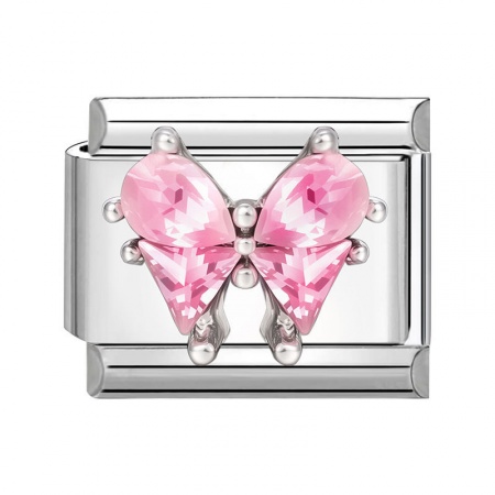 Picture of 1 Piece 304 Stainless Steel Stylish Italian Charm Links For DIY Bracelet Jewelry Making Silver Tone Rectangle Butterfly Pink Rhinestone 10mm x 9mm