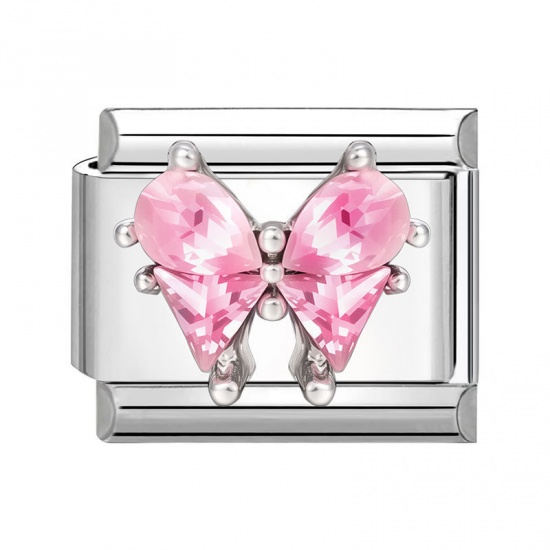 Immagine di 1 Piece 304 Stainless Steel Stylish Italian Charm Links For DIY Bracelet Jewelry Making Silver Tone Rectangle Butterfly Pink Rhinestone 10mm x 9mm