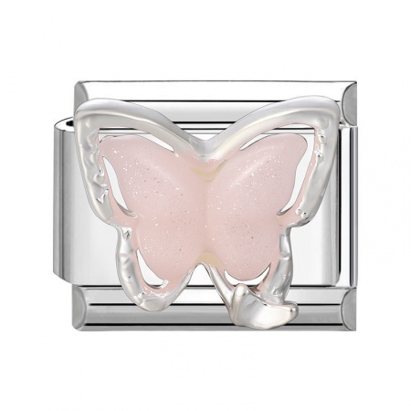 Picture of 1 Piece 304 Stainless Steel Stylish Italian Charm Links For DIY Bracelet Jewelry Making Silver Tone Pink Rectangle Butterfly 10mm x 9mm