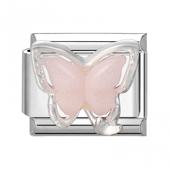 Immagine di 1 Piece 304 Stainless Steel Stylish Italian Charm Links For DIY Bracelet Jewelry Making Silver Tone Pink Rectangle Butterfly 10mm x 9mm