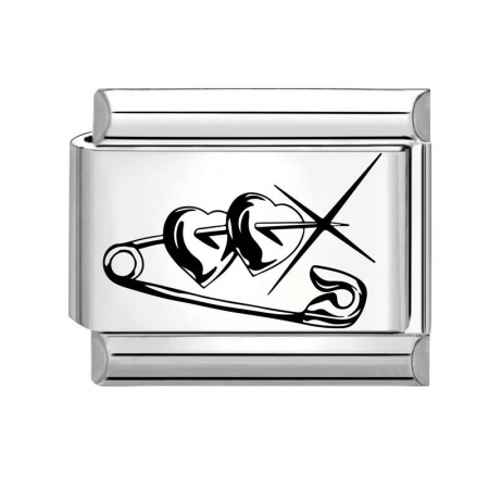 Picture of 1 Piece 304 Stainless Steel Valentine's Day Italian Charm Links For DIY Bracelet Jewelry Making Silver Tone Black Rectangle Arrow Through Heart 10mm x 9mm