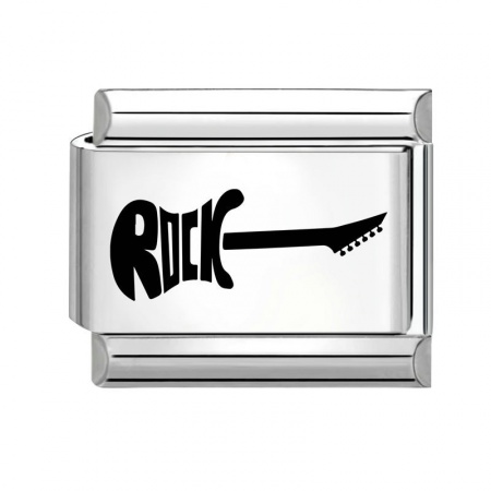 Picture of 1 Piece 304 Stainless Steel Stylish Italian Charm Links For DIY Bracelet Jewelry Making Silver Tone Black Rectangle Guitar Message " Rock " 10mm x 9mm