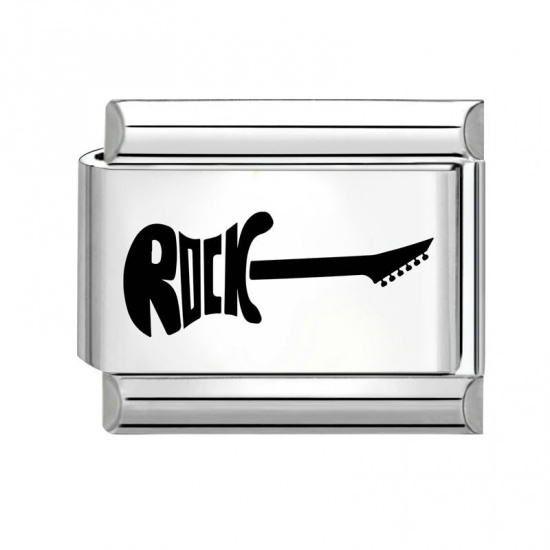 Immagine di 1 Piece 304 Stainless Steel Stylish Italian Charm Links For DIY Bracelet Jewelry Making Silver Tone Black Rectangle Guitar Message " Rock " 10mm x 9mm