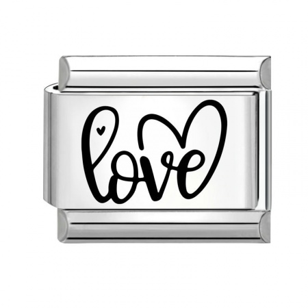 Picture of 1 Piece 304 Stainless Steel Valentine's Day Italian Charm Links For DIY Bracelet Jewelry Making Silver Tone Black Rectangle Heart Message " LOVE " 10mm x 9mm