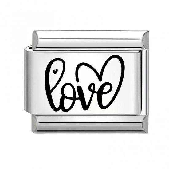 Immagine di 1 Piece 304 Stainless Steel Valentine's Day Italian Charm Links For DIY Bracelet Jewelry Making Silver Tone Black Rectangle Heart Message " LOVE " 10mm x 9mm