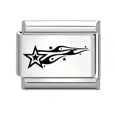 Picture of 1 Piece 304 Stainless Steel Stylish Italian Charm Links For DIY Bracelet Jewelry Making Silver Tone Black Rectangle Pentagram Star 10mm x 9mm