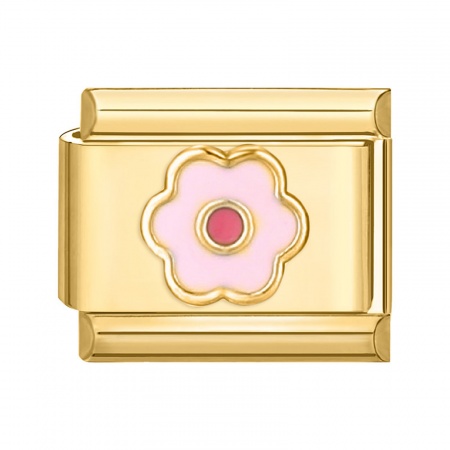 Picture of 1 Piece 304 Stainless Steel Italian Charm Links For DIY Bracelet Jewelry Making Gold Plated Pink Rectangle Flower 10mm x 9mm