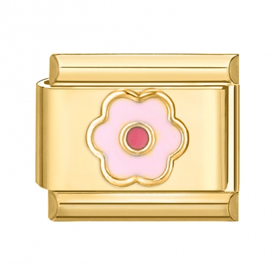 Immagine di 1 Piece 304 Stainless Steel Italian Charm Links For DIY Bracelet Jewelry Making Gold Plated Pink Rectangle Flower 10mm x 9mm