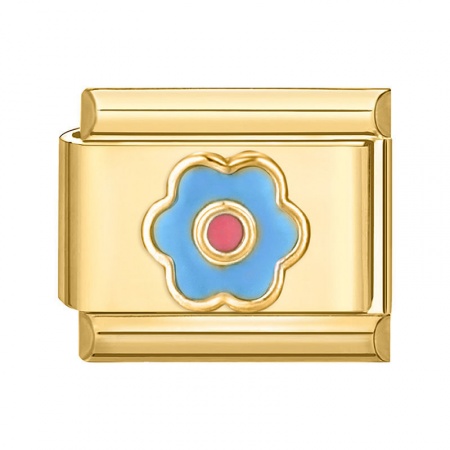 Picture of 1 Piece 304 Stainless Steel Italian Charm Links For DIY Bracelet Jewelry Making Gold Plated Blue Rectangle Flower 10mm x 9mm