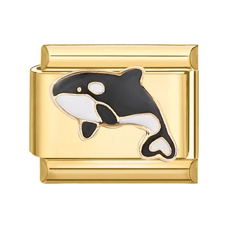 Picture of 1 Piece 304 Stainless Steel Stylish Italian Charm Links For DIY Bracelet Jewelry Making Gold Plated Black Rectangle Whale Animal 10mm x 9mm