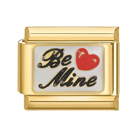 Picture of 1 Piece 304 Stainless Steel Valentine's Day Italian Charm Links For DIY Bracelet Jewelry Making Gold Plated Red Rectangle Heart Message " BE MINE " 10mm x 9mm