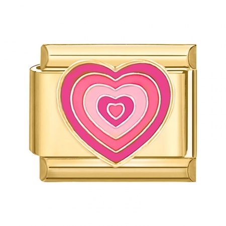 Picture of 1 Piece 304 Stainless Steel Valentine's Day Italian Charm Links For DIY Bracelet Jewelry Making Gold Plated Pink Rectangle Heart 10mm x 9mm
