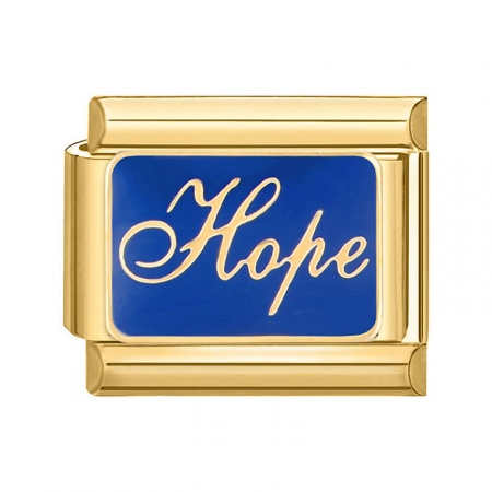 Picture of 1 Piece 304 Stainless Steel Italian Charm Links For DIY Bracelet Jewelry Making Gold Plated Blue Rectangle Message " Hope " 10mm x 9mm