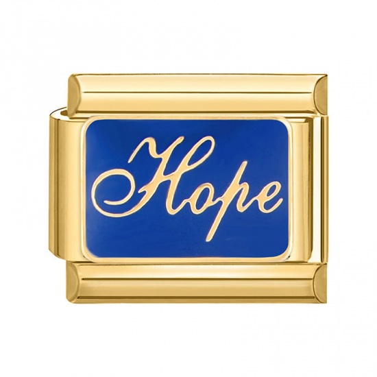 Imagen de 1 Piece 304 Stainless Steel Italian Charm Links For DIY Bracelet Jewelry Making Gold Plated Blue Rectangle Message " Hope " 10mm x 9mm