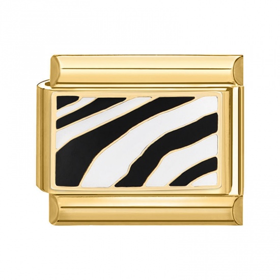 Imagen de 1 Piece 304 Stainless Steel Italian Charm Links For DIY Bracelet Jewelry Making Gold Plated Black Rectangle Zebra Stripe 10mm x 9mm
