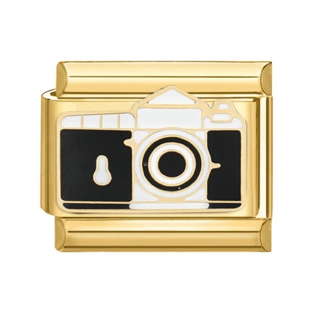 Picture of 1 Piece 304 Stainless Steel Stylish Italian Charm Links For DIY Bracelet Jewelry Making Gold Plated Black Rectangle Camera 10mm x 9mm