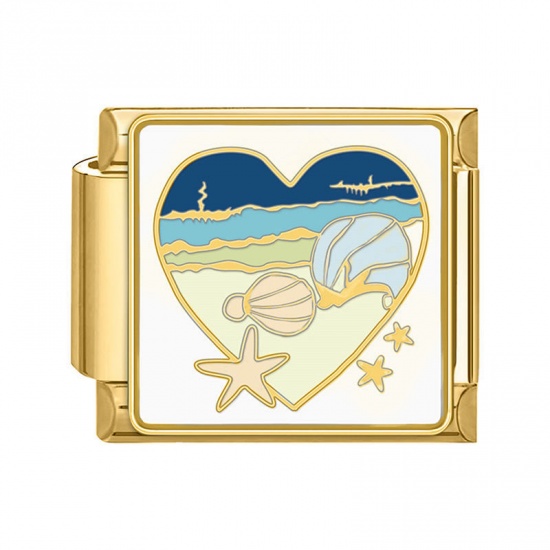 Picture of 1 Piece 304 Stainless Steel Valentine's Day Italian Charm Links For DIY Bracelet Jewelry Making Gold Plated Multicolor Rectangle Heart 10mm x 9mm