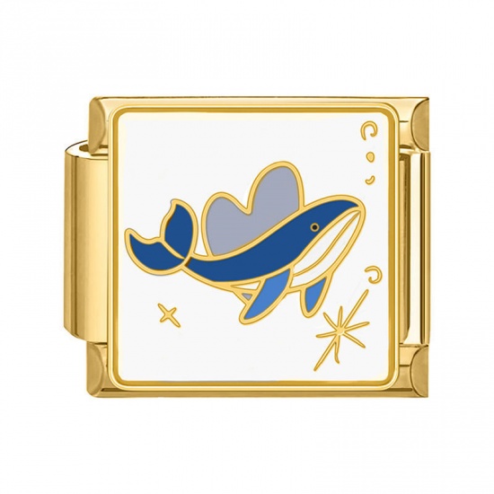 Picture of 1 Piece 304 Stainless Steel Italian Charm Links For DIY Bracelet Jewelry Making Gold Plated Multicolor Rectangle Whale Animal 10mm x 9mm