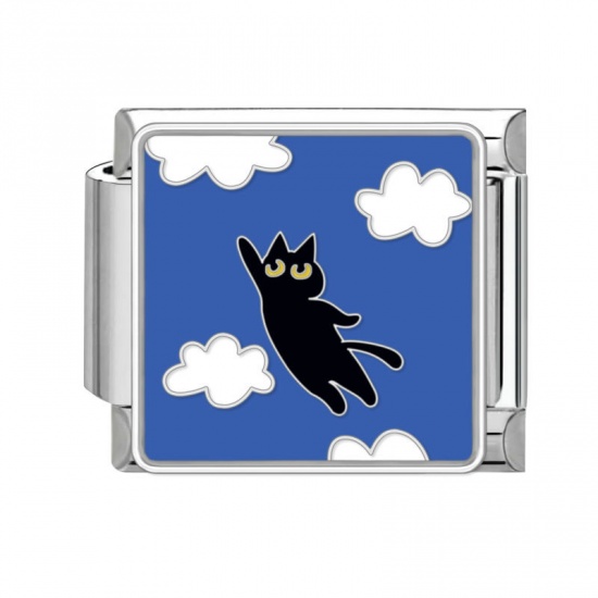 Picture of 1 Piece 304 Stainless Steel Italian Charm Links For DIY Bracelet Jewelry Making Silver Tone Multicolor Rectangle Cat 10mm x 9mm