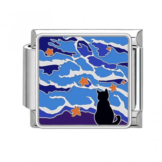 Picture of 1 Piece 304 Stainless Steel Italian Charm Links For DIY Bracelet Jewelry Making Silver Tone Multicolor Rectangle Cat 10mm x 9mm