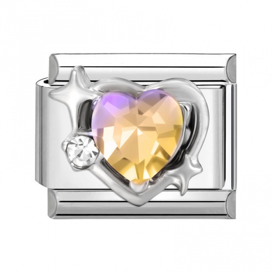 Immagine di 1 Piece 304 Stainless Steel Valentine's Day Italian Charm Links For DIY Bracelet Jewelry Making Silver Tone Multicolor Rectangle Heart 10mm x 9mm