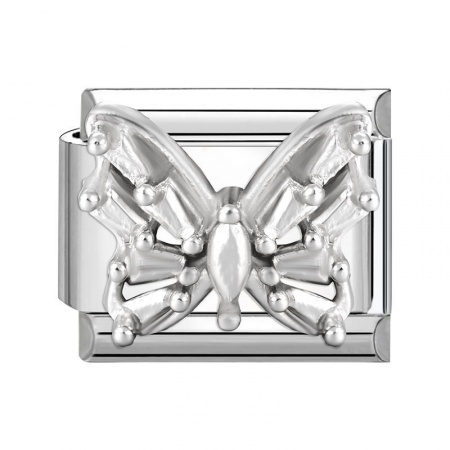 Picture of 1 Piece 304 Stainless Steel Stylish Italian Charm Links For DIY Bracelet Jewelry Making Silver Tone Rectangle Butterfly 10mm x 9mm