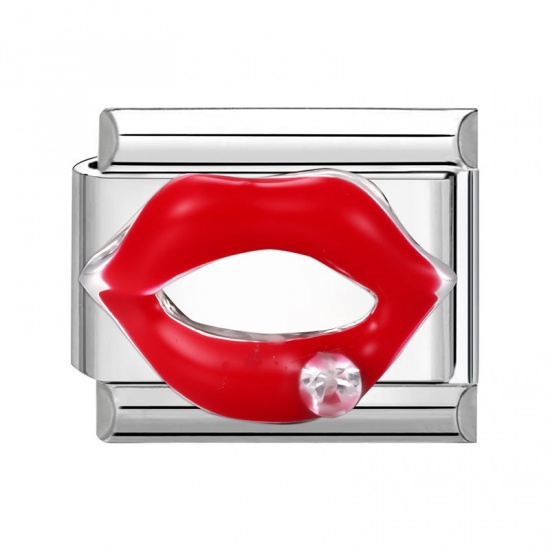 Immagine di 1 Piece 304 Stainless Steel Stylish Italian Charm Links For DIY Bracelet Jewelry Making Silver Tone Red Rectangle Lip 10mm x 9mm