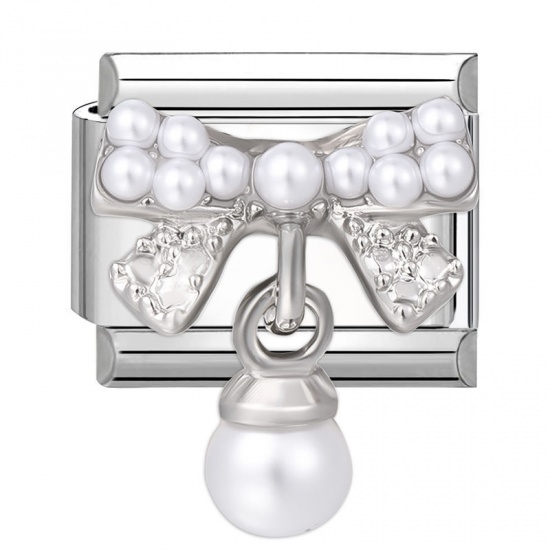 Picture of 1 Piece 304 Stainless Steel Italian Charm Links For DIY Bracelet Jewelry Making Silver Tone Rectangle Bowknot Imitation Pearl 10mm x 9mm