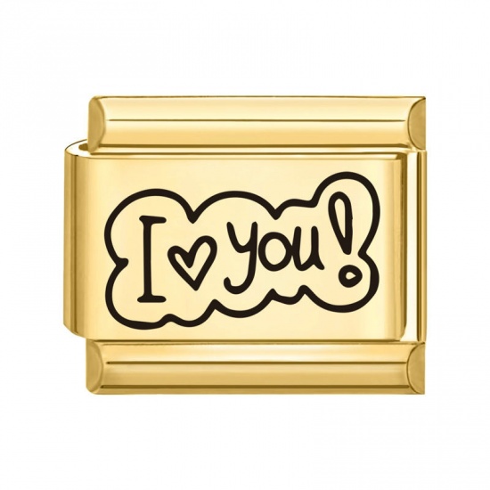 Immagine di 1 Piece 304 Stainless Steel Italian Charm Links For DIY Bracelet Jewelry Making Gold Plated Black Rectangle Message " I Love you " 10mm x 9mm