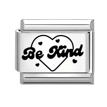 Picture of 1 Piece 304 Stainless Steel Valentine's Day Italian Charm Links For DIY Bracelet Jewelry Making Silver Tone Black Rectangle Heart Message " BE KIND " 10mm x 9mm