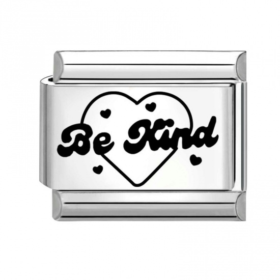 Immagine di 1 Piece 304 Stainless Steel Valentine's Day Italian Charm Links For DIY Bracelet Jewelry Making Silver Tone Black Rectangle Heart Message " BE KIND " 10mm x 9mm