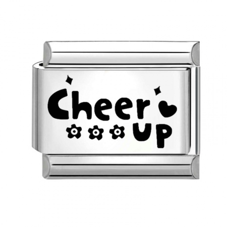 Picture of 1 Piece 304 Stainless Steel Stylish Italian Charm Links For DIY Bracelet Jewelry Making Silver Tone Black Rectangle Message " Cheer Up " 10mm x 9mm