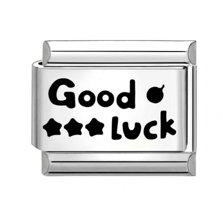 Picture of 1 Piece 304 Stainless Steel Stylish Italian Charm Links For DIY Bracelet Jewelry Making Silver Tone Black Rectangle Message " GOOD LUCK " 10mm x 9mm