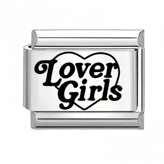 Immagine di 1 Piece 304 Stainless Steel Valentine's Day Italian Charm Links For DIY Bracelet Jewelry Making Silver Tone Black Rectangle Heart Message " Lover Girls " 10mm x 9mm