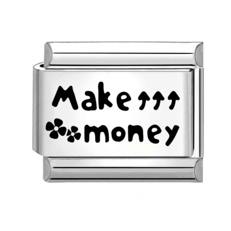 Picture of 1 Piece 304 Stainless Steel Stylish Italian Charm Links For DIY Bracelet Jewelry Making Silver Tone Black Rectangle Message " Make Money " 10mm x 9mm