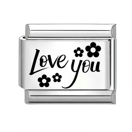 Picture of 1 Piece 304 Stainless Steel Stylish Italian Charm Links For DIY Bracelet Jewelry Making Silver Tone Black Rectangle Flower Message " Love You " 10mm x 9mm