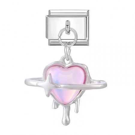 Picture of 1 Piece 304 Stainless Steel Valentine's Day Italian Charm Links For DIY Bracelet Jewelry Making Wholesale Silver Tone Purple Heart 10mm x 9mm
