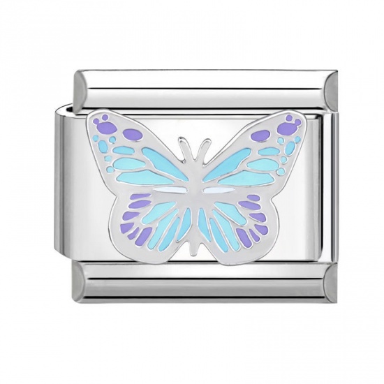 Picture of 1 Piece 304 Stainless Steel Italian Charm Links For DIY Bracelet Jewelry Making Silver Tone Multicolor Rectangle Butterfly 10mm x 9mm