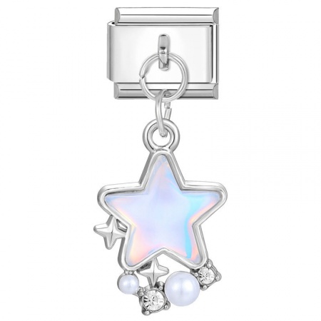 Picture of 1 Piece 304 Stainless Steel Stylish Italian Charm Links For DIY Bracelet Jewelry Making Wholesale Silver Tone AB Color Pentagram Star Imitation Pearl 10mm x 9mm