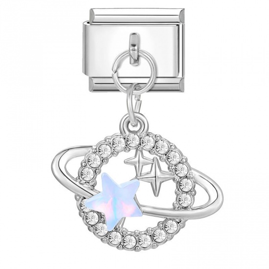 Picture of 1 Piece 304 Stainless Steel Stylish Italian Charm Links For DIY Bracelet Jewelry Making Silver Tone Planet 10mm x 9mm