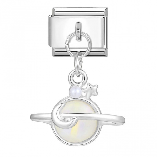 Picture of 1 Piece 304 Stainless Steel Stylish Italian Charm Links For DIY Bracelet Jewelry Making Silver Tone Planet 10mm x 9mm