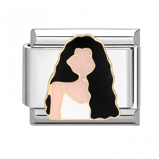 Immagine di 1 Piece 304 Stainless Steel Italian Charm Links For DIY Bracelet Jewelry Making Silver Tone Multicolor Rectangle Girl 10mm x 9mm